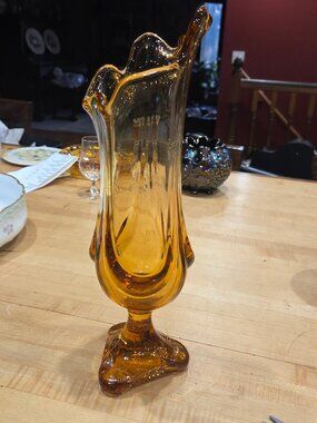 Vintage MCM Viking Amber Epic Drape Swung Vase 12.5"